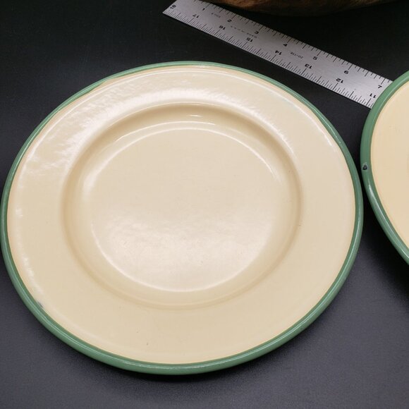 Vintage Kockums Sweden Enamelware Set 3 Bowls & 3 Plates Green Rim Scandinavian - Picture 5 of 15